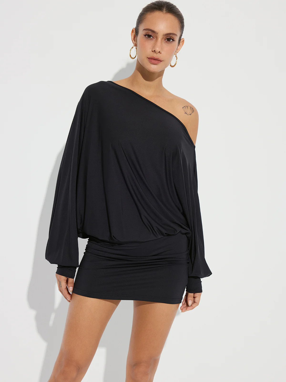 One-Shoulder Ruched Long Sleeve Mini Dress - Image 2