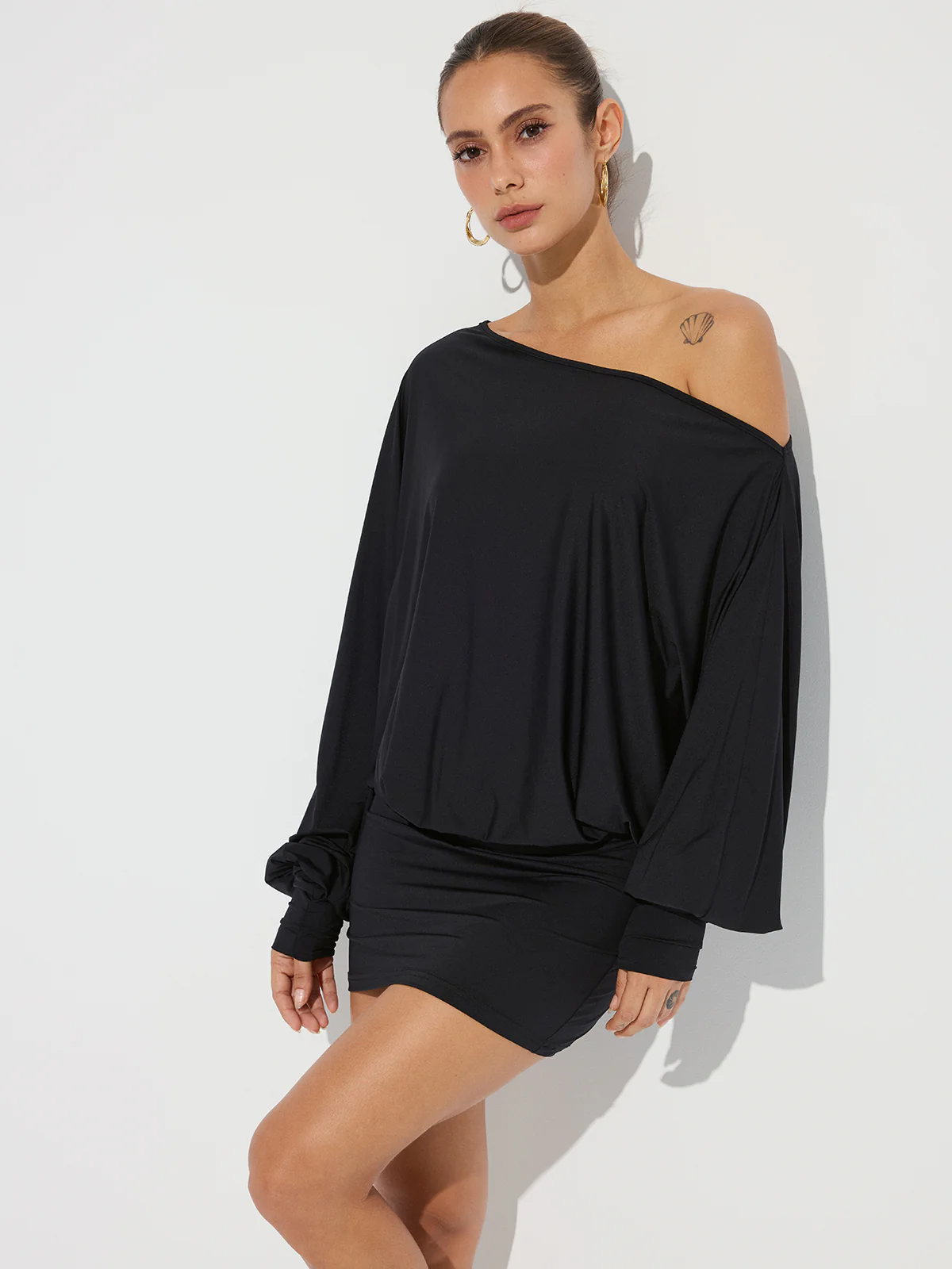 One-Shoulder Ruched Long Sleeve Mini Dress - Image 5