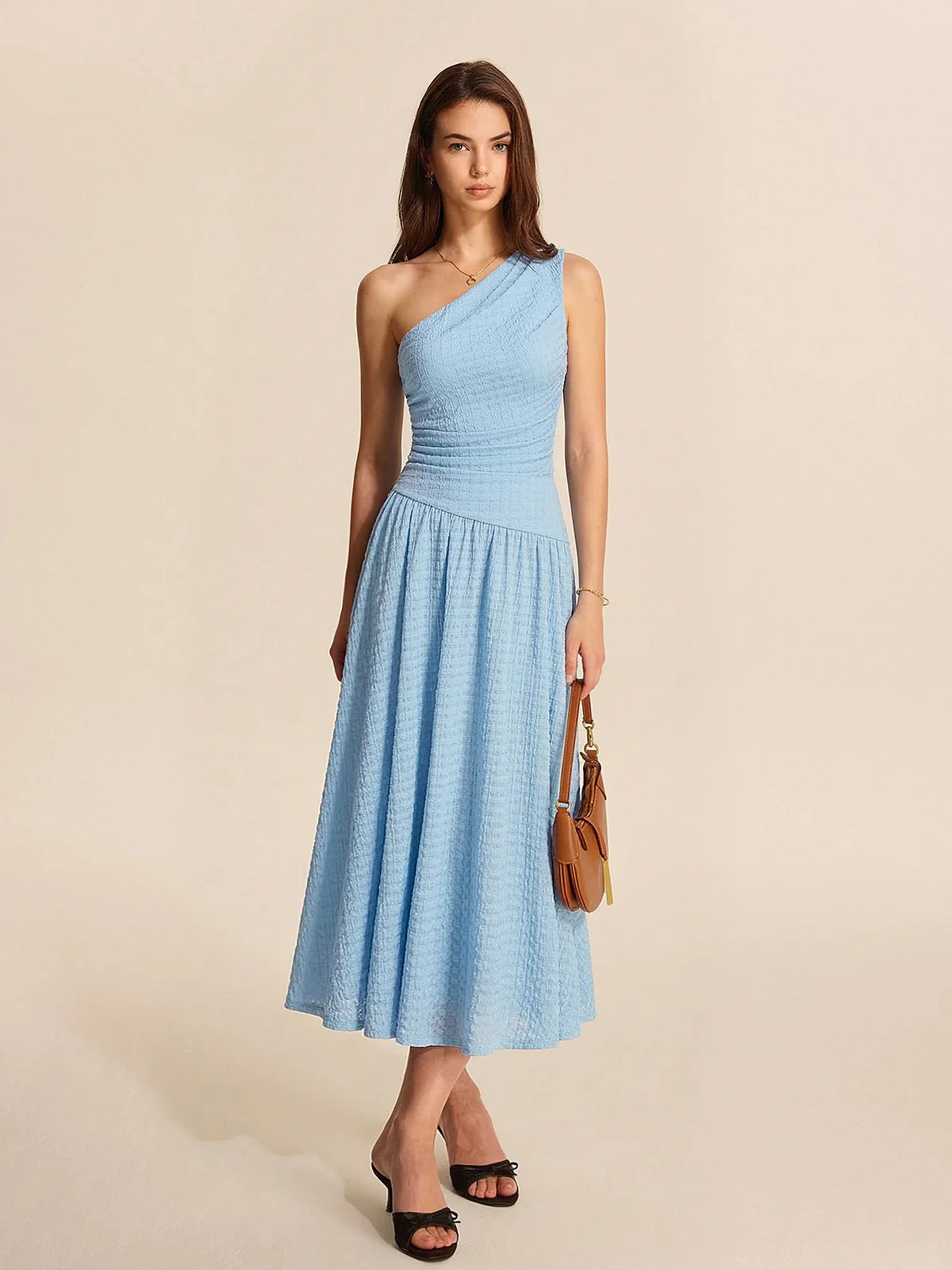 One-Shoulder Ruched Textured Midi Dress