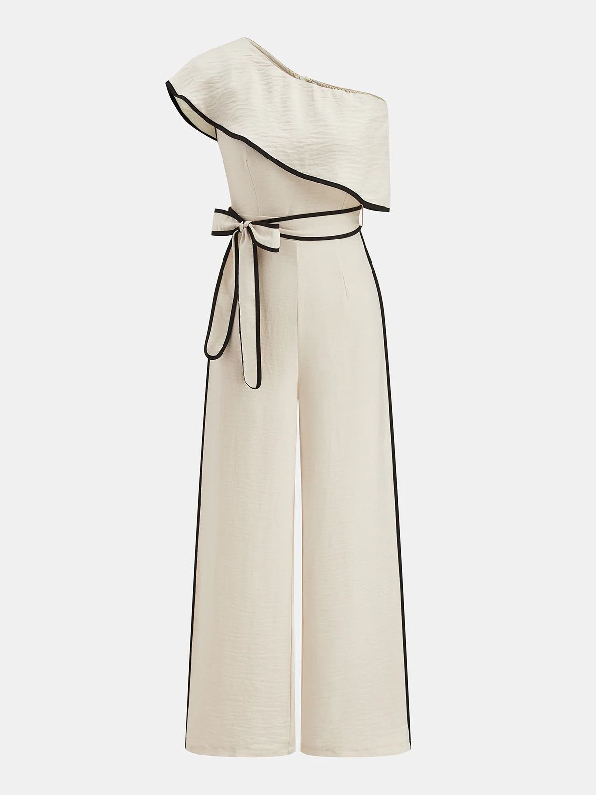One-Shoulder Ruffle Contrast Piping Jumpsuit - Image 2