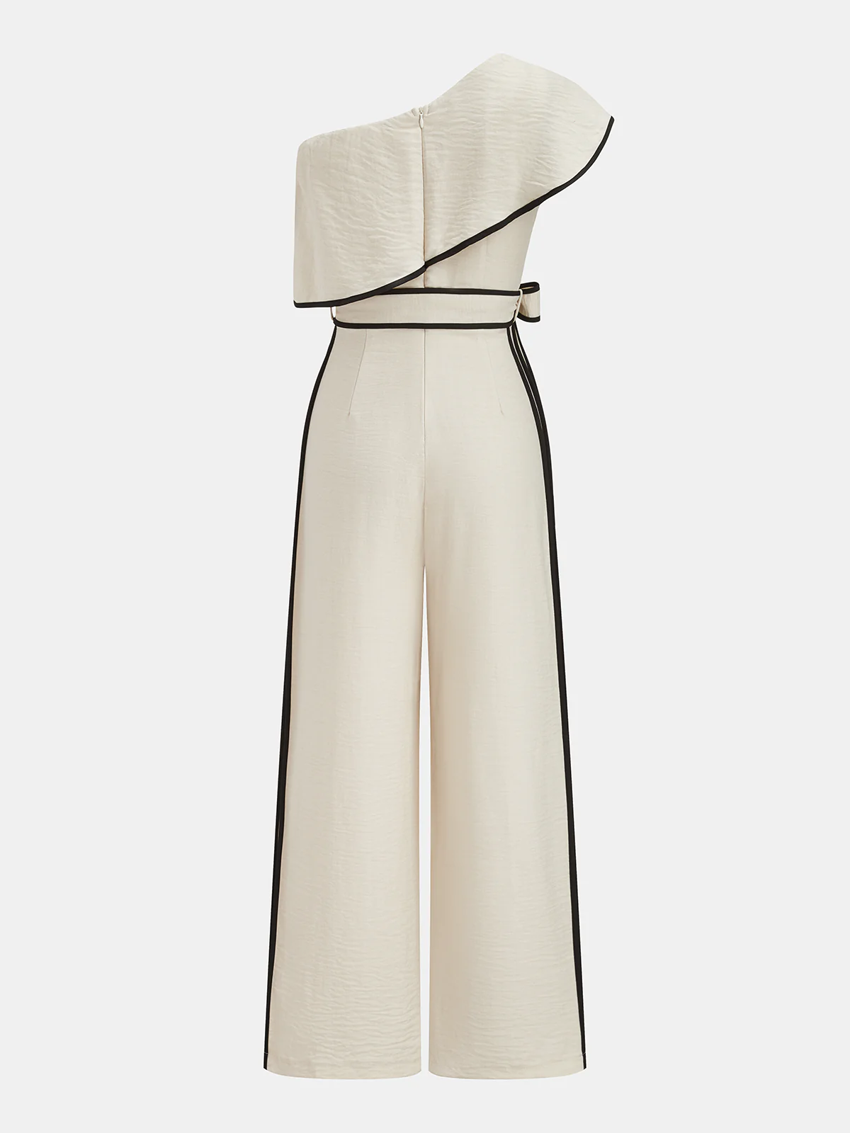 One-Shoulder Ruffle Contrast Piping Jumpsuit - Image 3