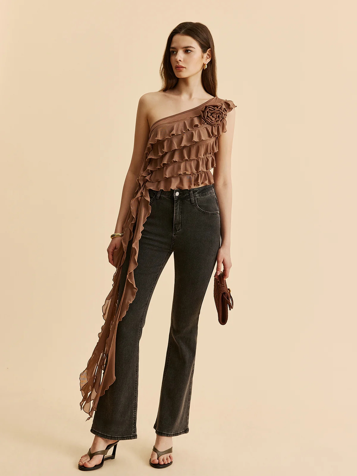 One-Shoulder Ruffled Rosette Detail Top - Image 5