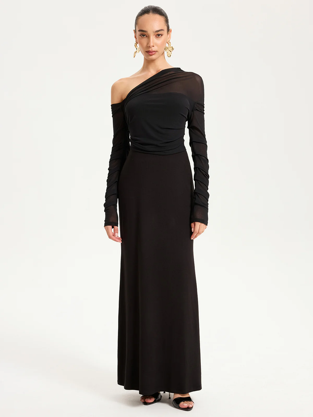 One-Shoulder Sheer Ruched Long Sleeve Maxi Dress - Image 2
