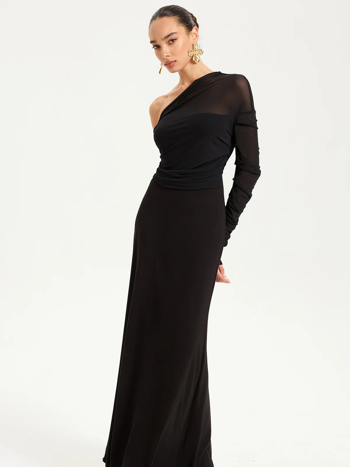 One-Shoulder Sheer Ruched Long Sleeve Maxi Dress - Image 3
