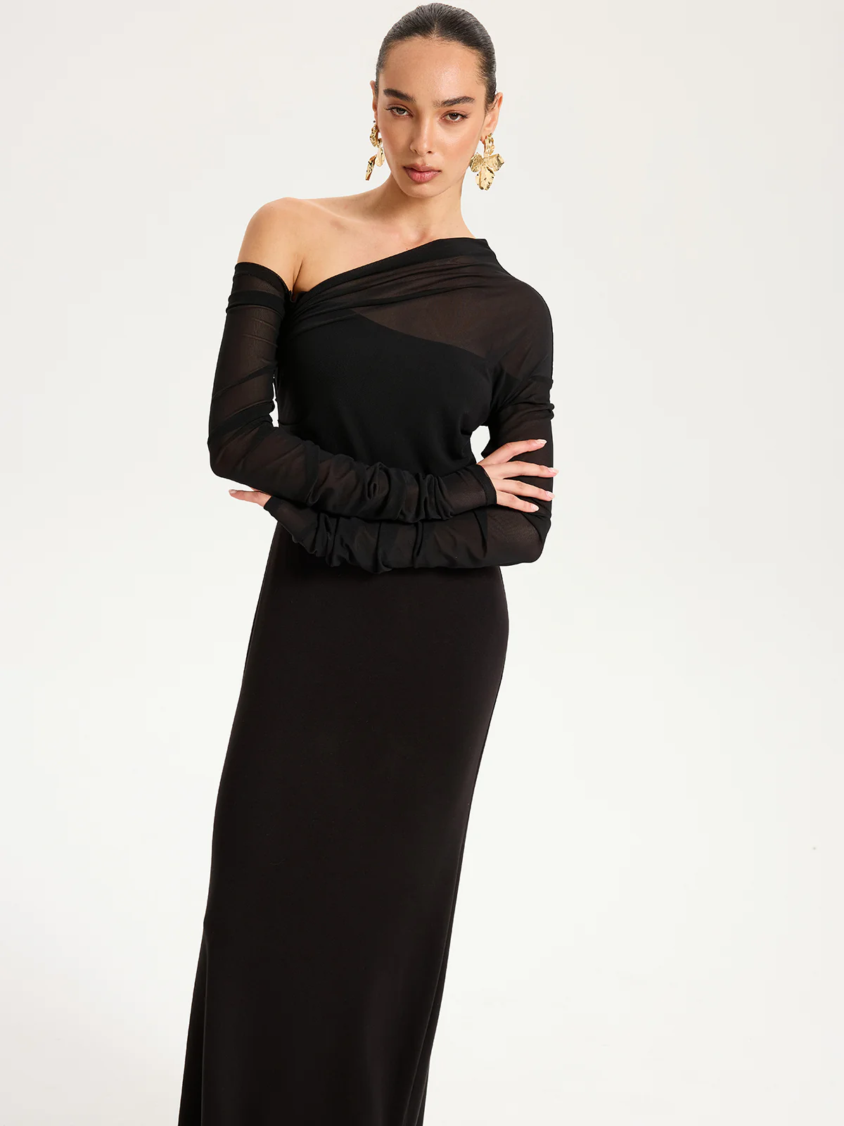 One-Shoulder Sheer Ruched Long Sleeve Maxi Dress - Image 4