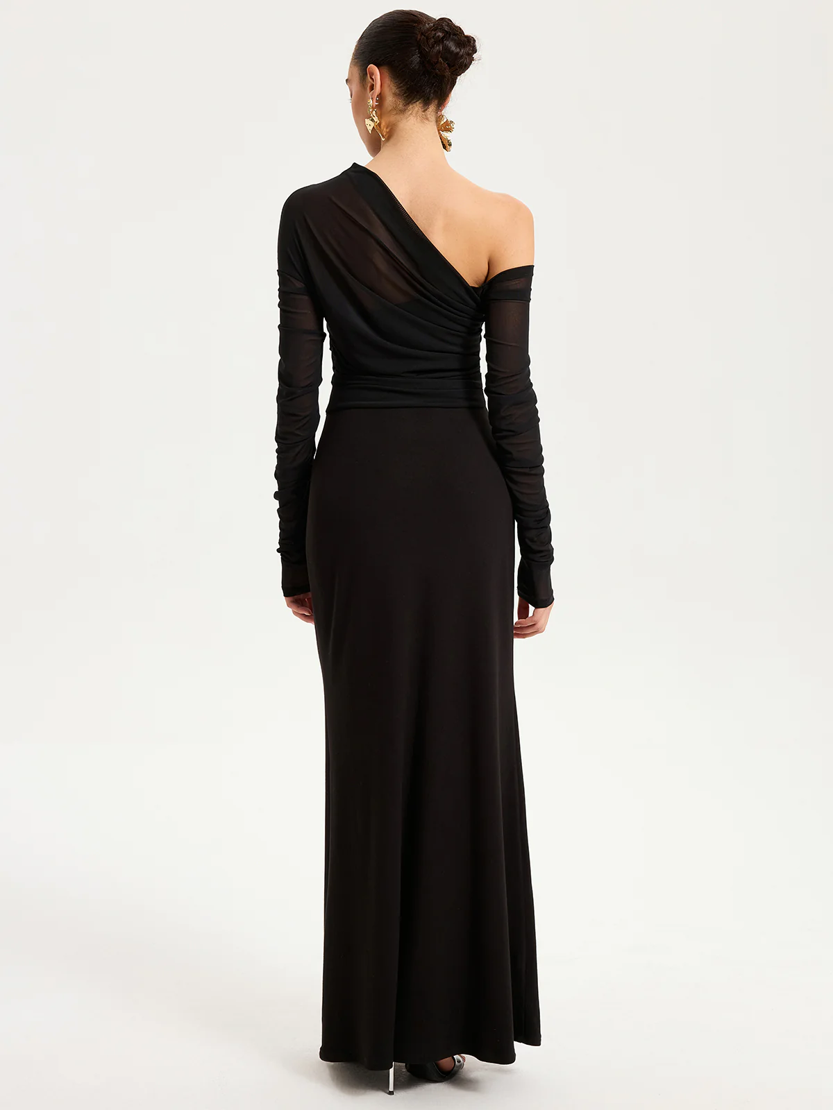 One-Shoulder Sheer Ruched Long Sleeve Maxi Dress - Image 6