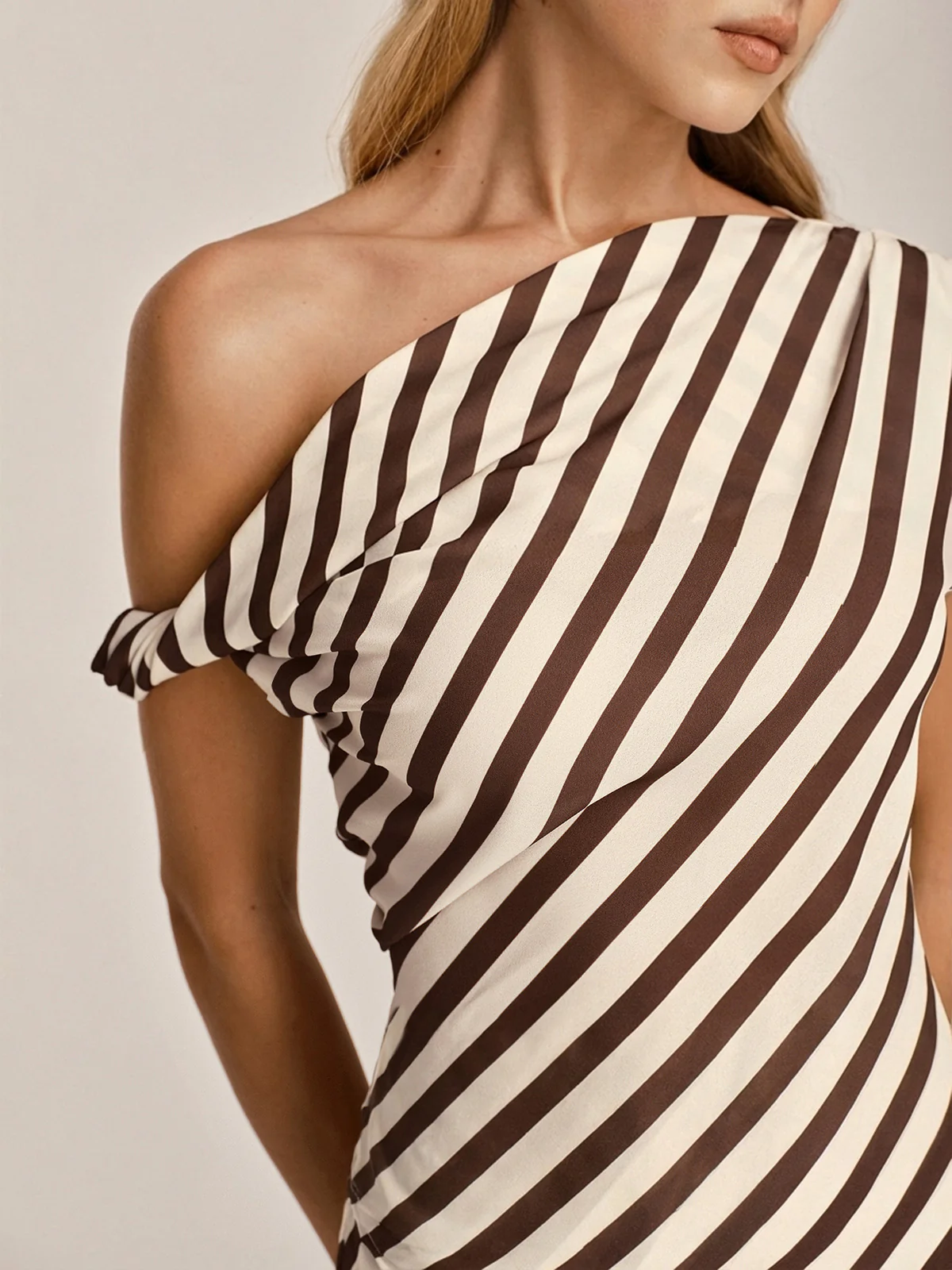 One Shoulder Striped Chiffon Maxi Dress - Image 3