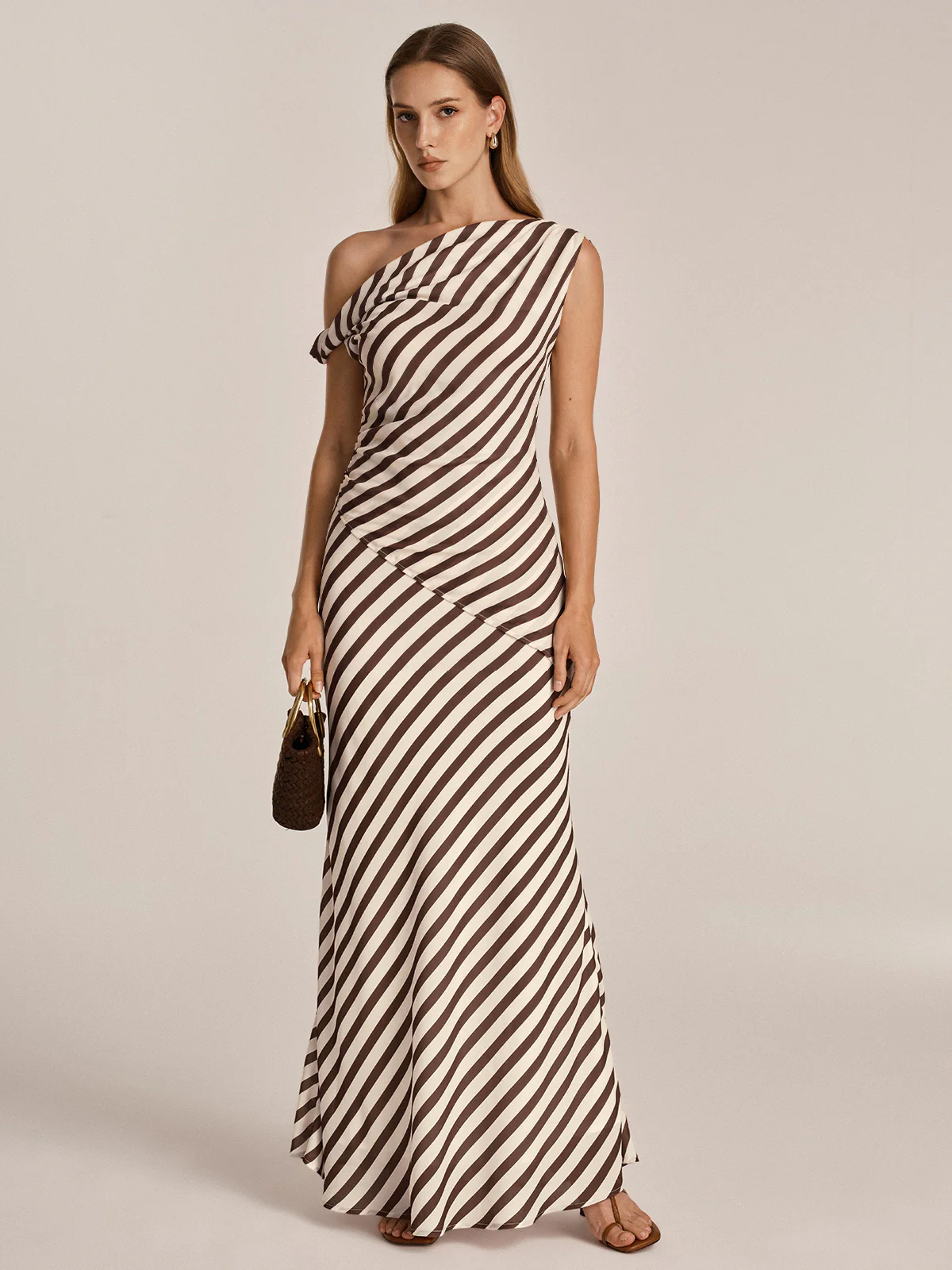 One Shoulder Striped Chiffon Maxi Dress - Image 4