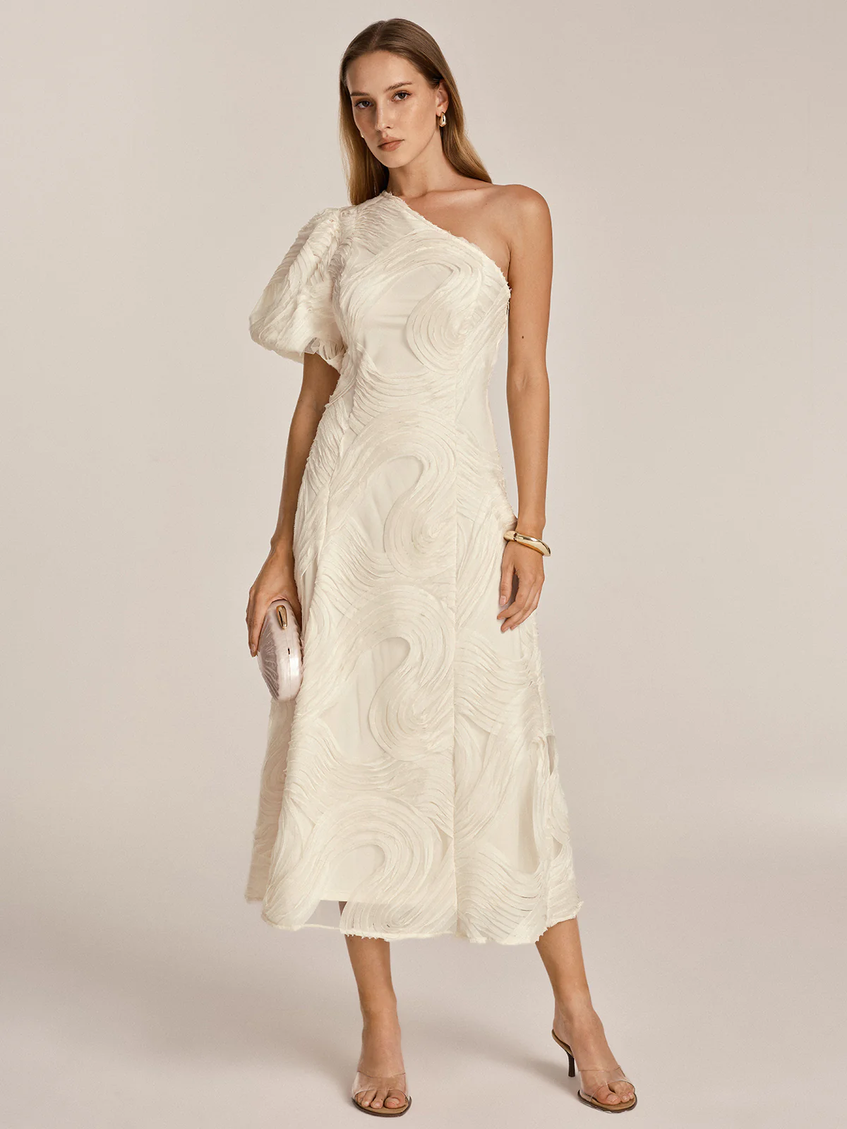 One Shoulder Textured Ruffled Mesh Midi Dress - Image 6