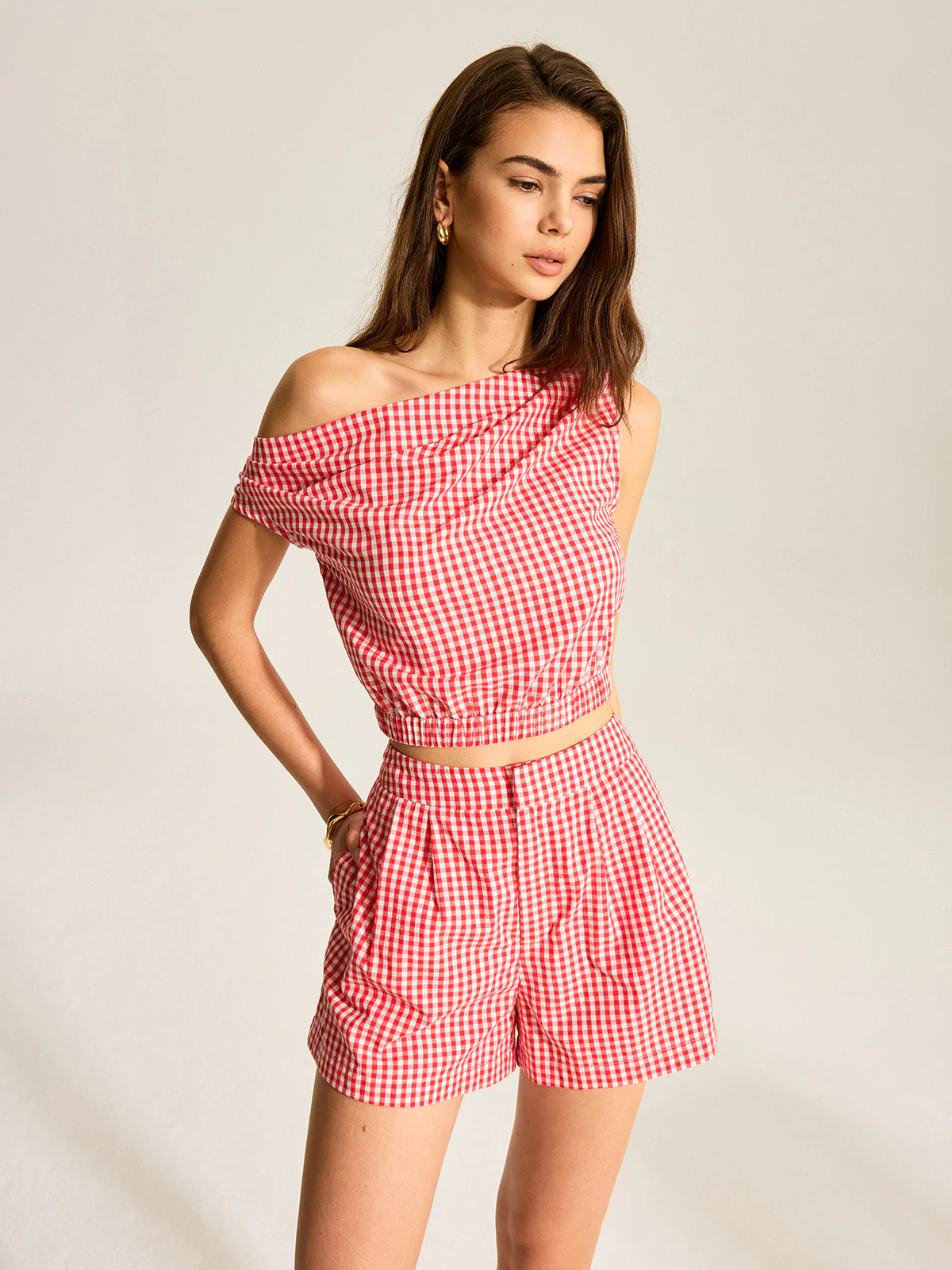 Gingham One-Shoulder Top and Shorts Set - Image 2