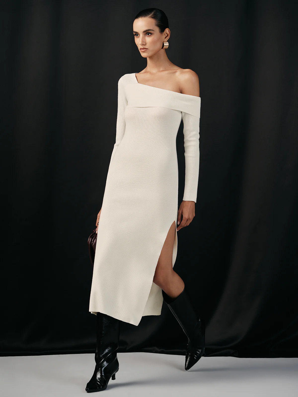 One Shoulder Wool Blend Knit Midi Slit Dress - Image 3