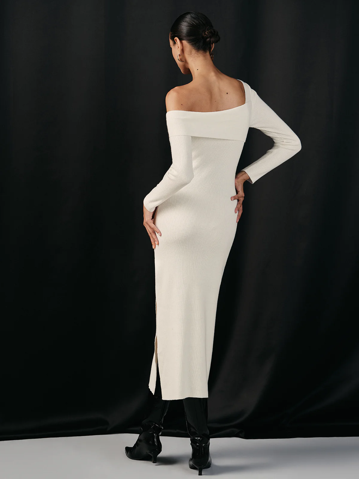One Shoulder Wool Blend Knit Midi Slit Dress - Image 5