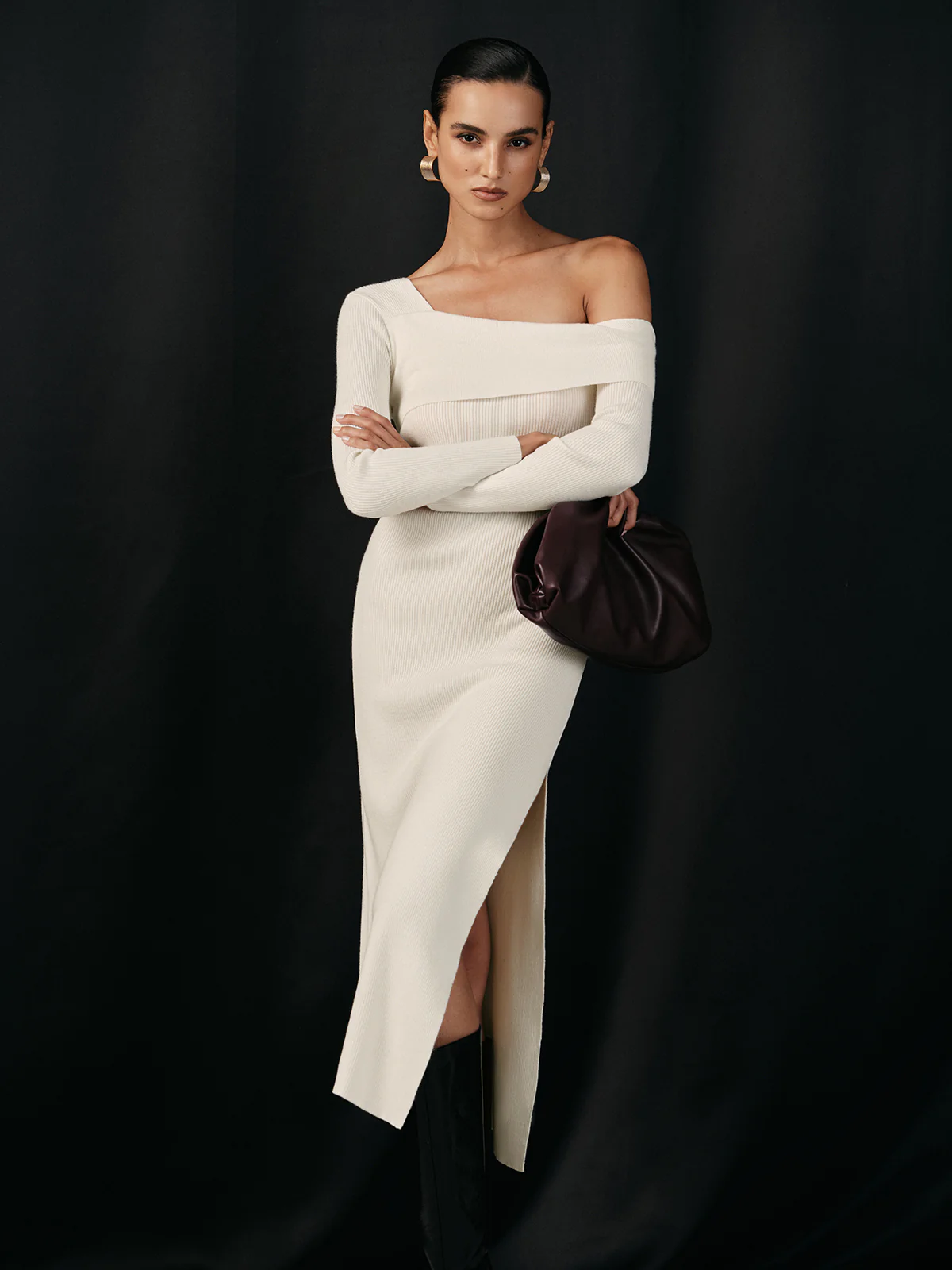 One Shoulder Wool Blend Knit Midi Slit Dress - Image 6