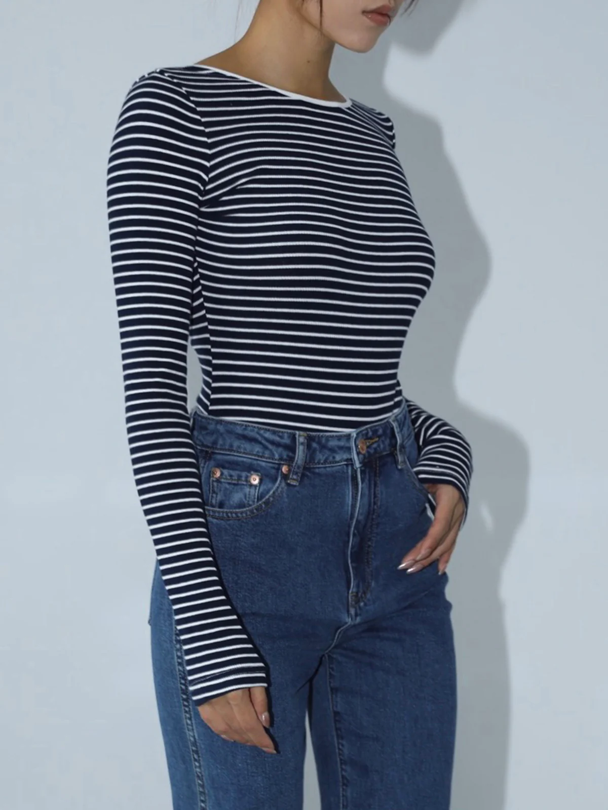 Open Back Stripe Long Sleeve Bodysuit - Image 3