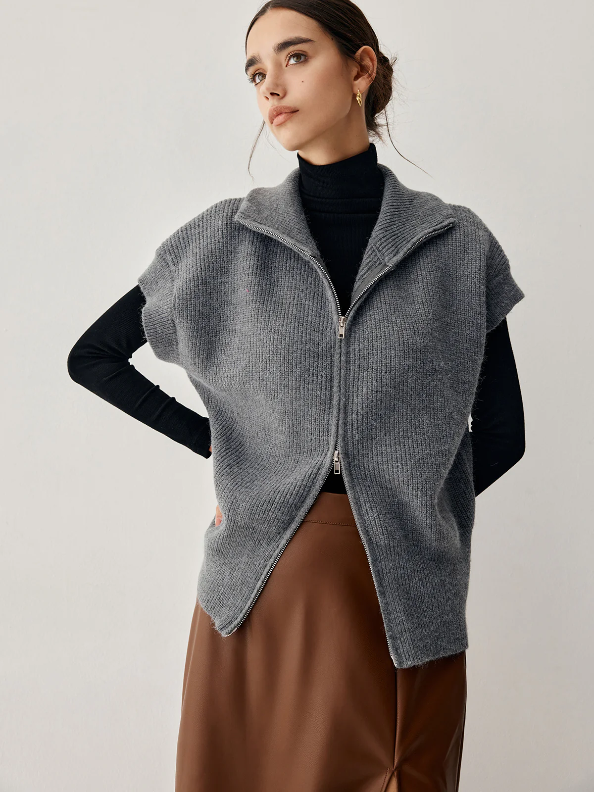 Open Collar Double Zip Curved Cardigan