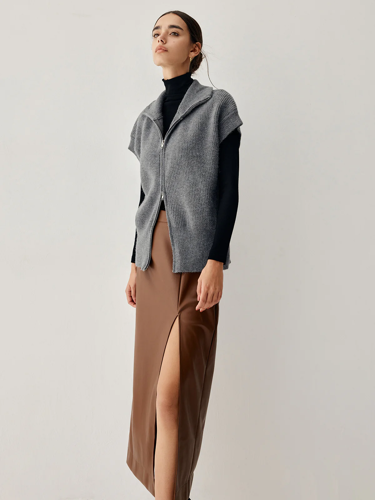 Open Collar Double Zip Curved Cardigan - Image 2