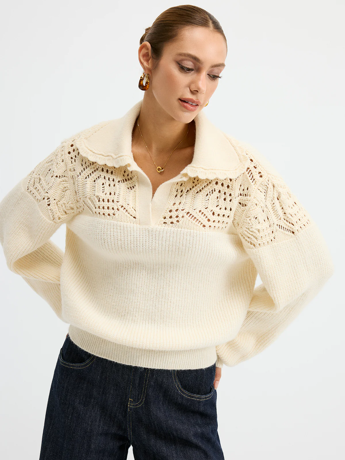 Openwork Polo Knit Sweater - Image 3