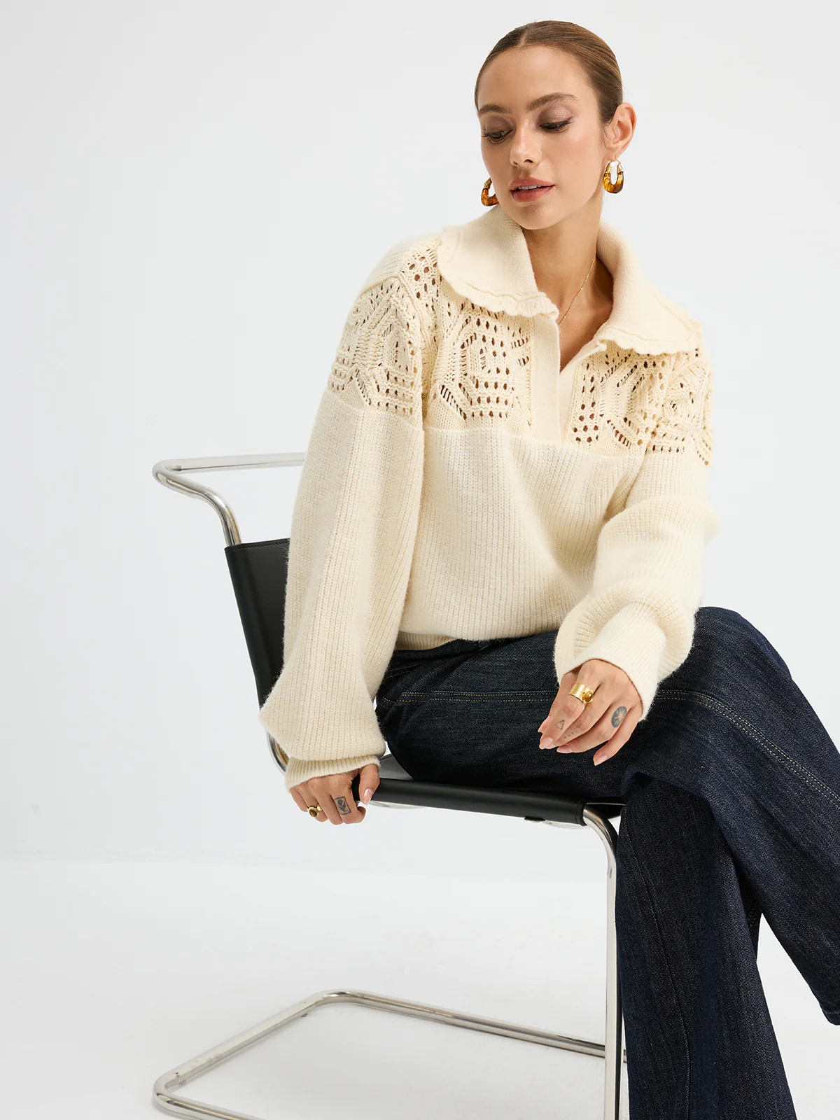 Openwork Polo Knit Sweater - Image 5