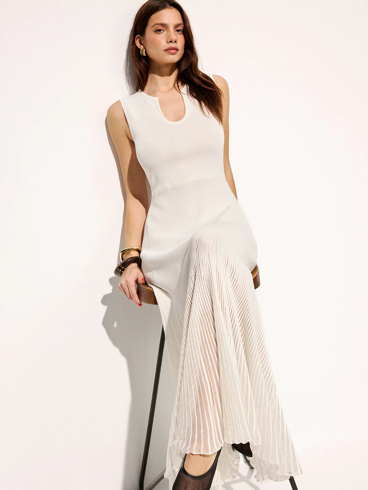 Organza Panel Sleeveless U-Neck Knit Dress