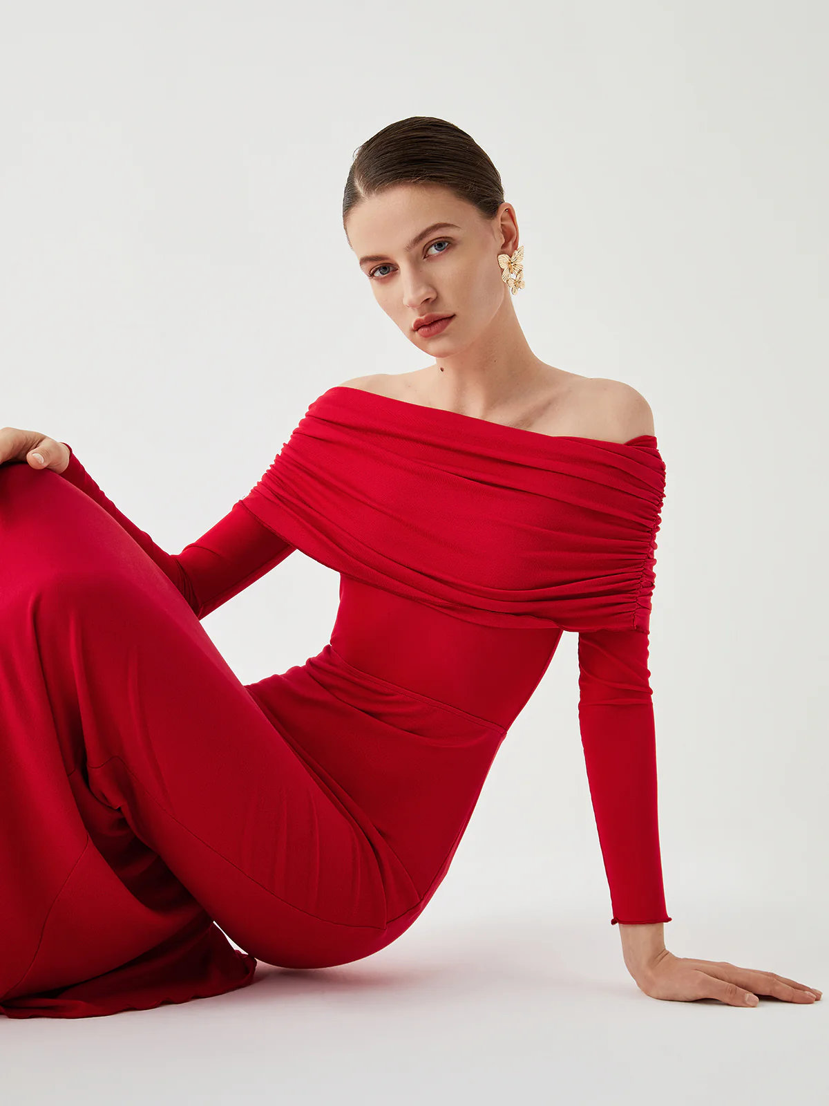 Semi-Sheer Off-Shoulder Mesh Long Sleeve Long Dress - Image 7