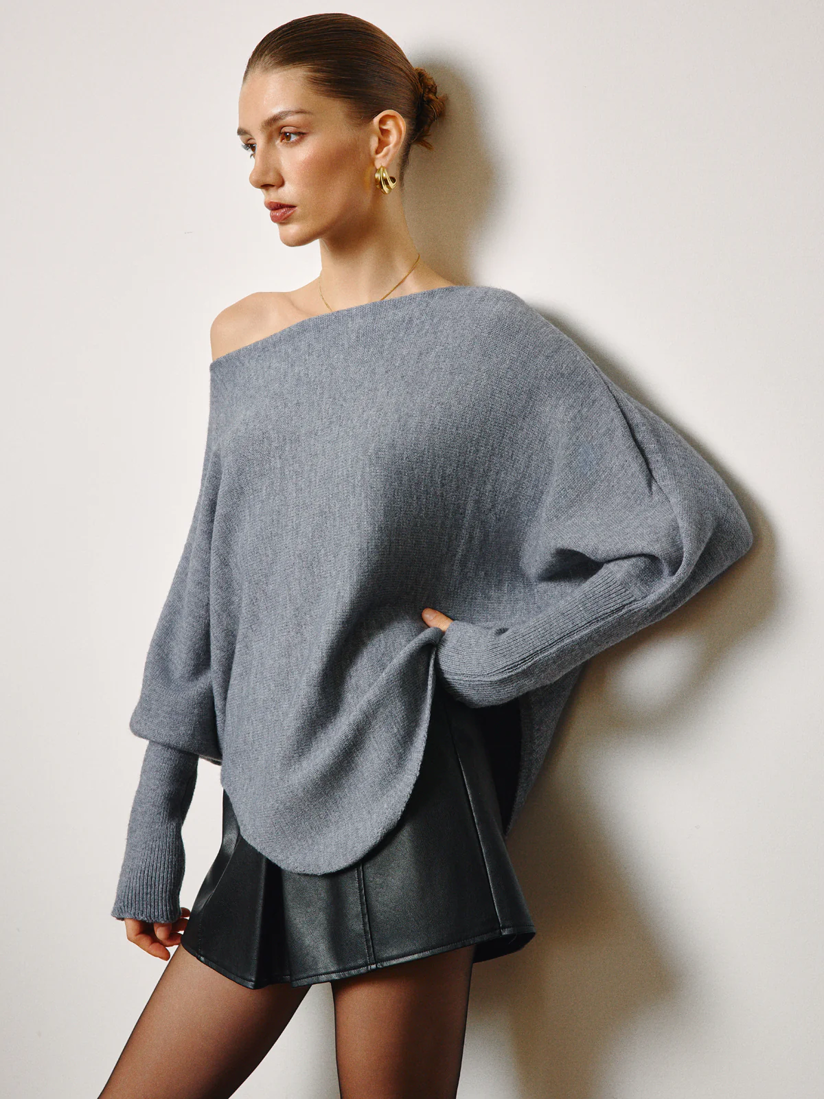Oversized Asymmetrical Neck Leg-Of-Mutton Sleeve Sweater - Image 5