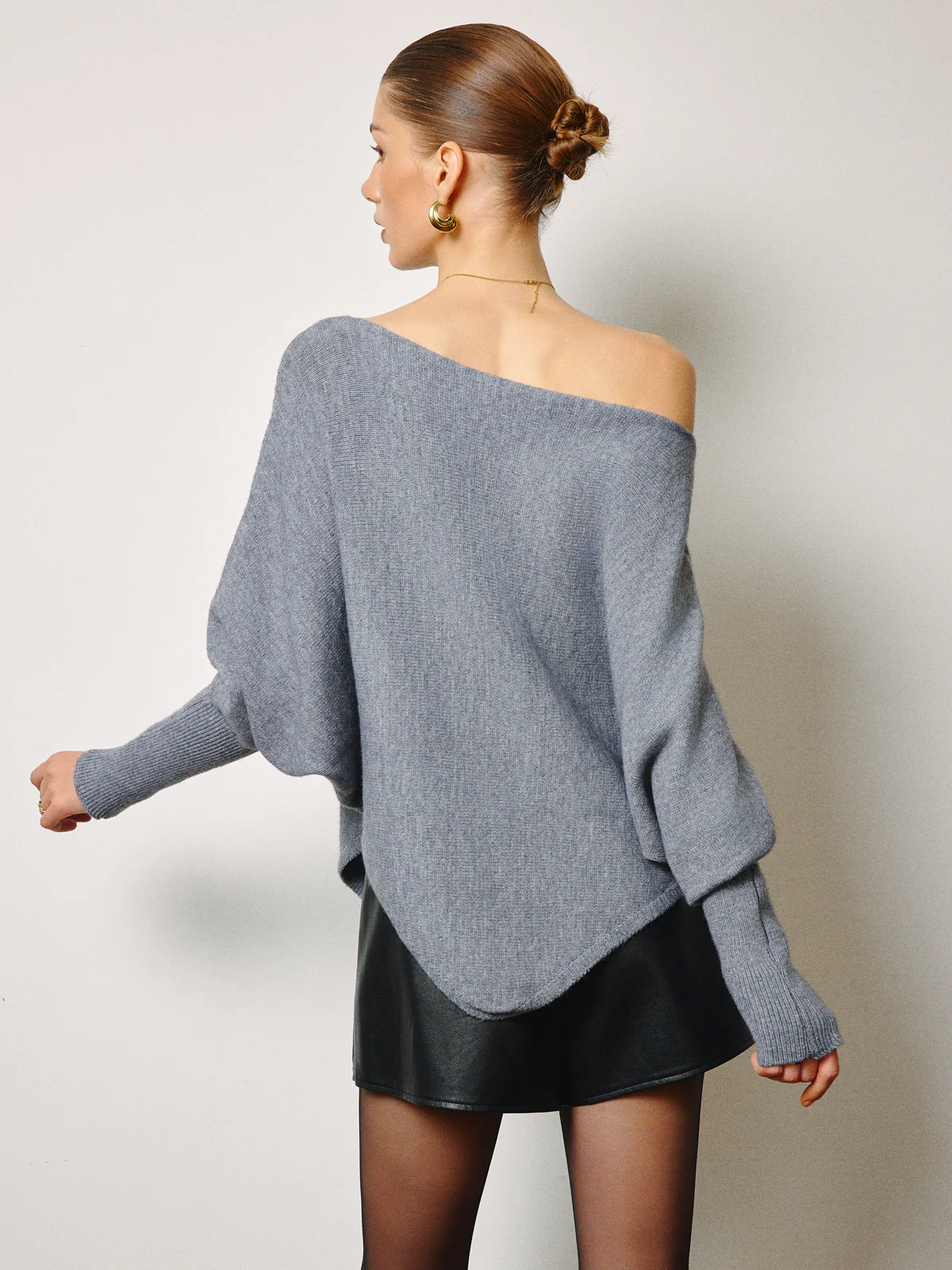 Oversized Asymmetrical Neck Leg-Of-Mutton Sleeve Sweater - Image 6