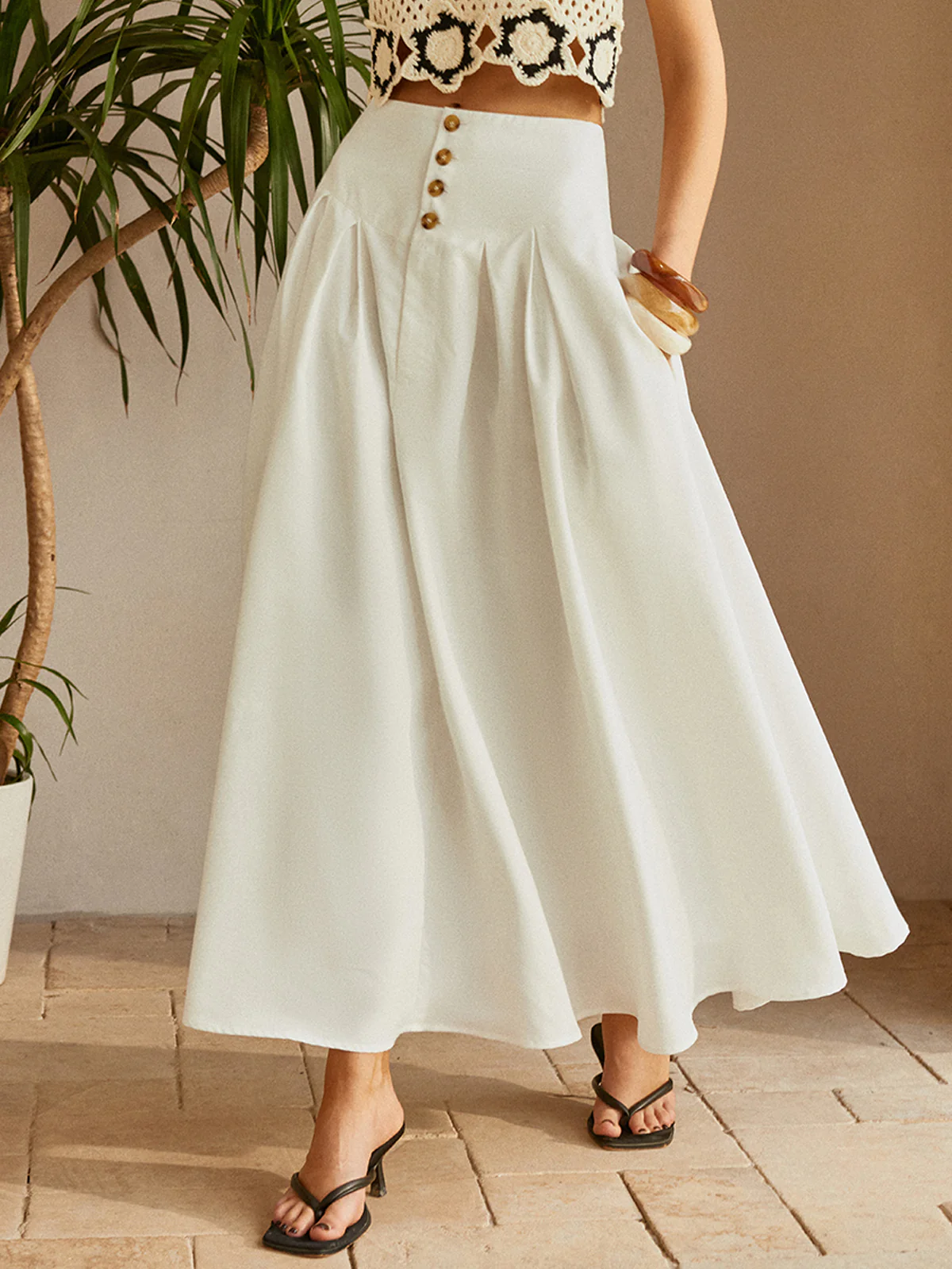 Oversized Button Ruched Pockets Skirt