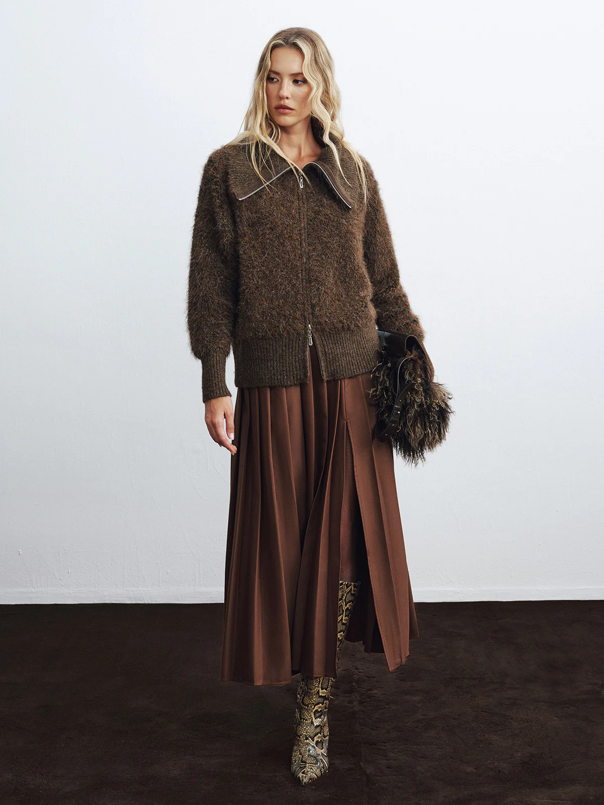Oversized Collar Double-Zip Fuzzy Knit Jacket - Image 2