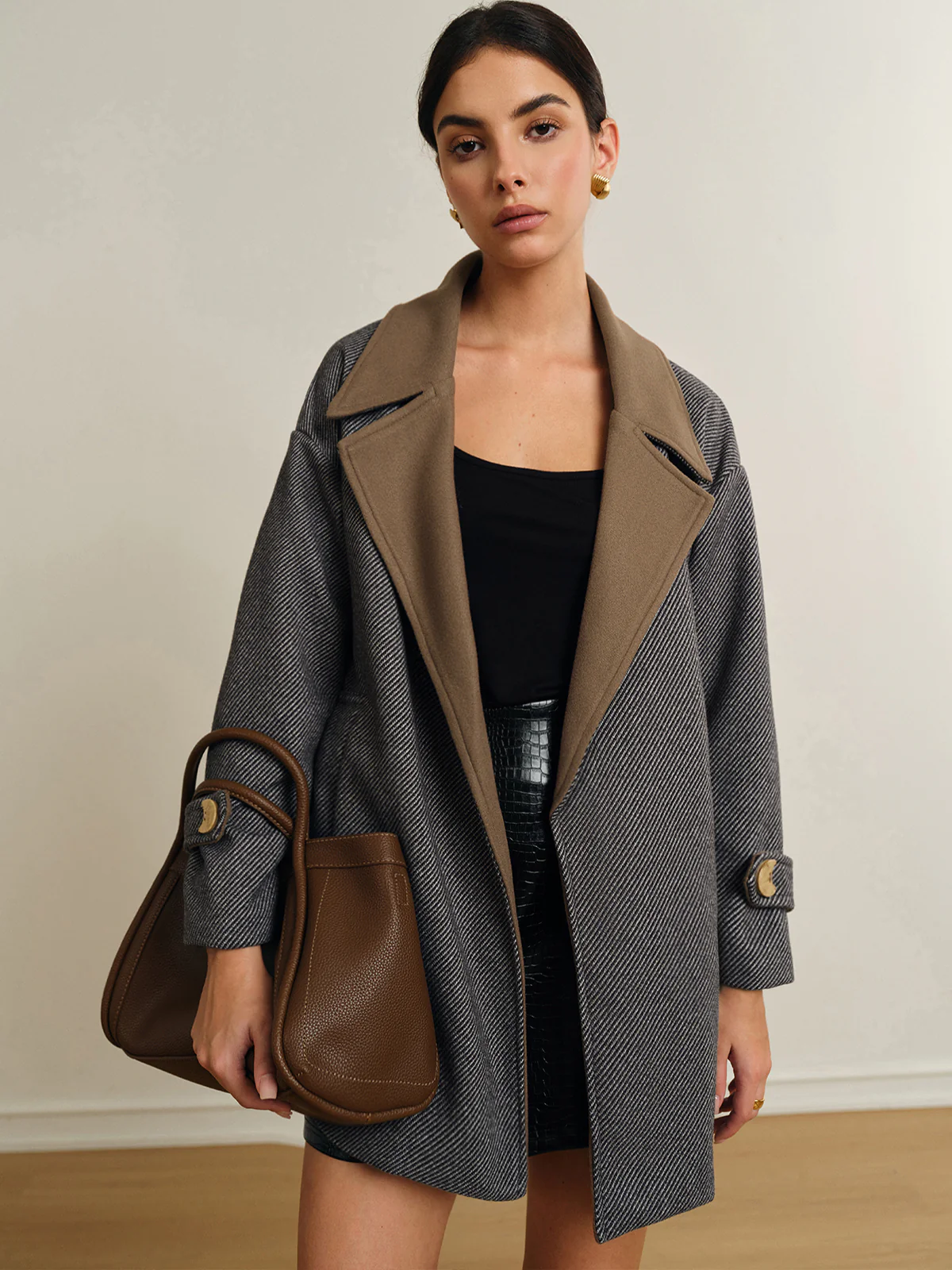 Oversized Contrast Collar Belted Wool Coat - Image 6
