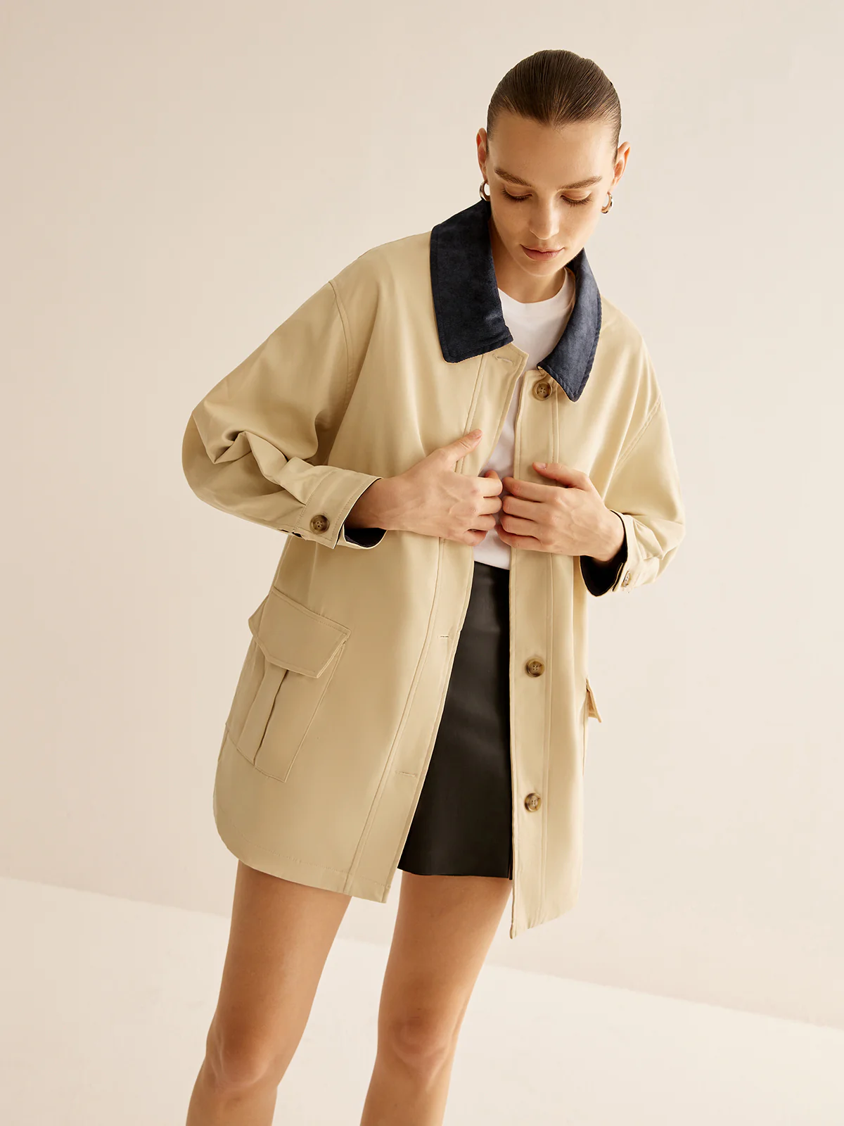 Oversized Cotton Contrast Collar Button Jacket - Image 3