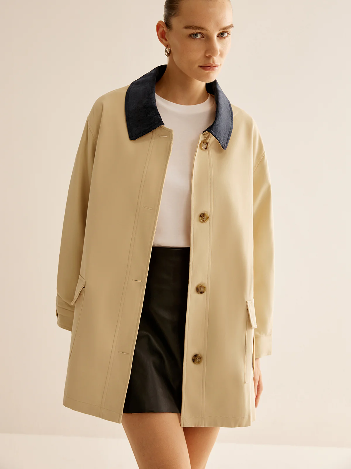 Oversized Cotton Contrast Collar Button Jacket - Image 4