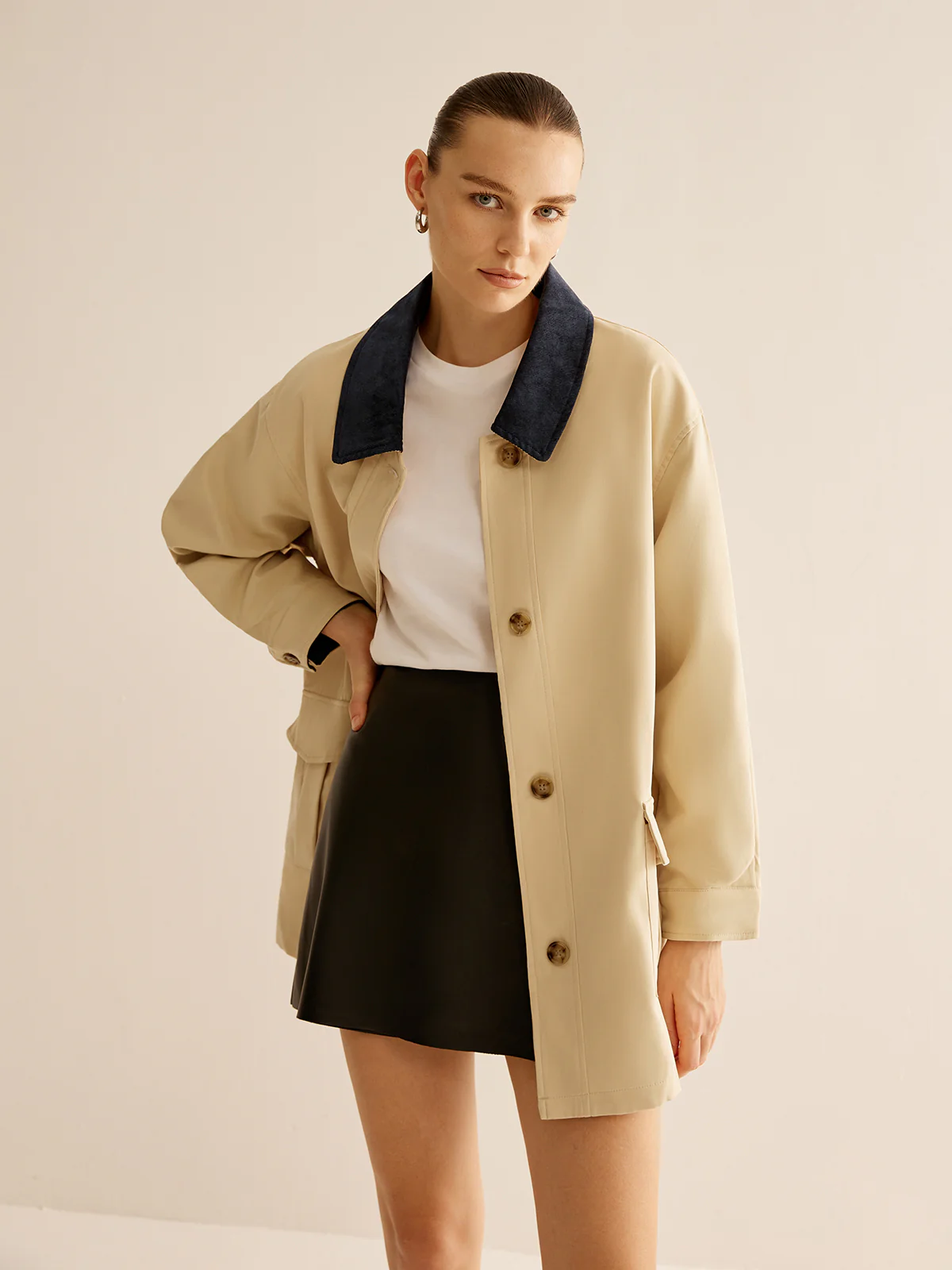 Oversized Cotton Contrast Collar Button Jacket - Image 5