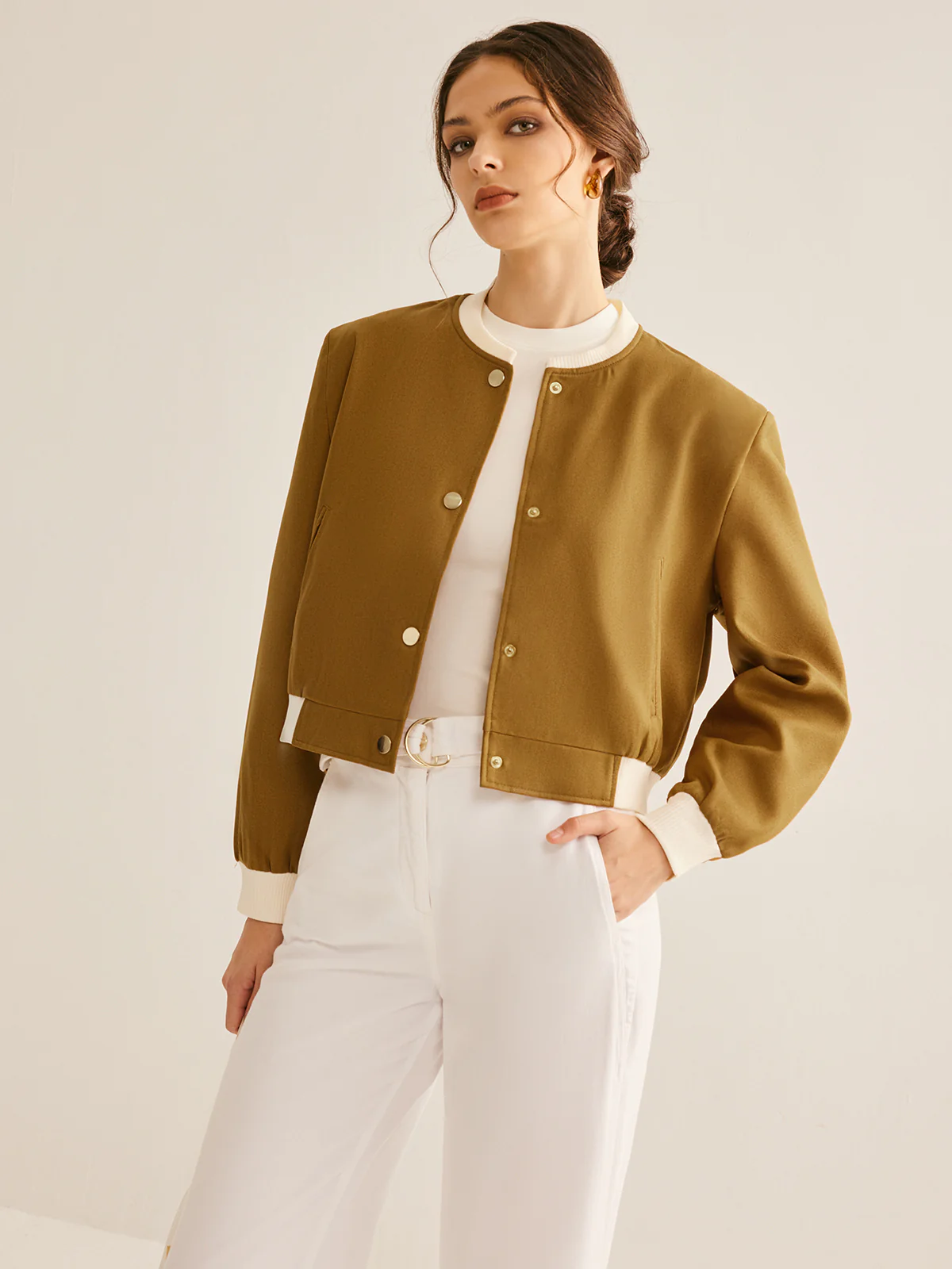 Oversized Crew Neck Contrast Trim Button Jacket - Image 2