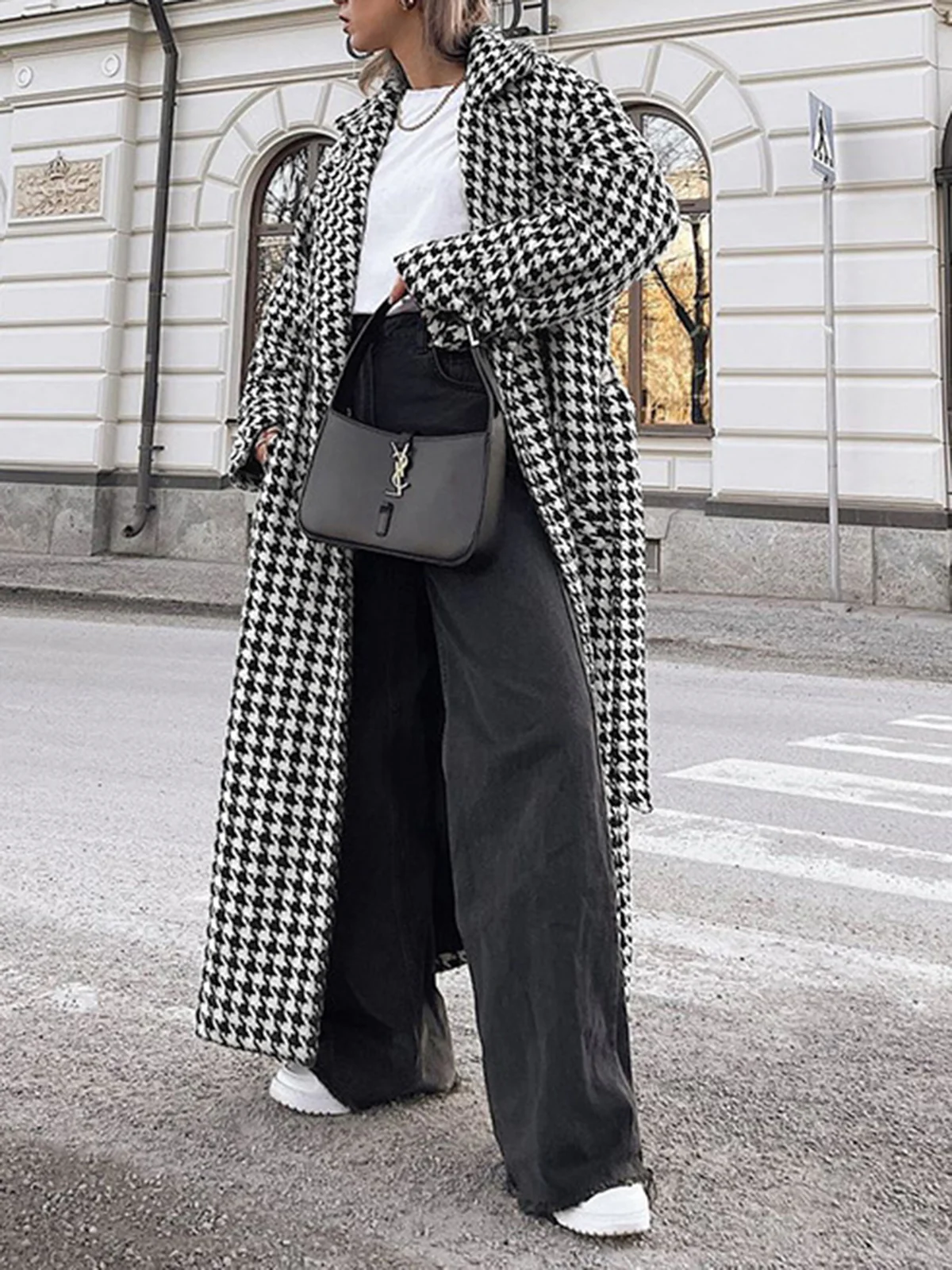 Oversized Houndstooth Tweed Trench Coat - Image 3