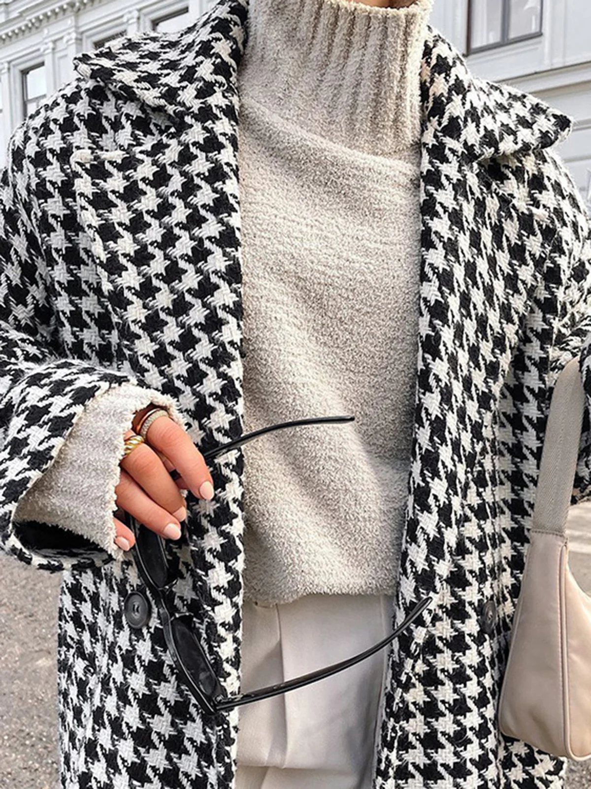 Oversized Houndstooth Tweed Trench Coat - Image 6