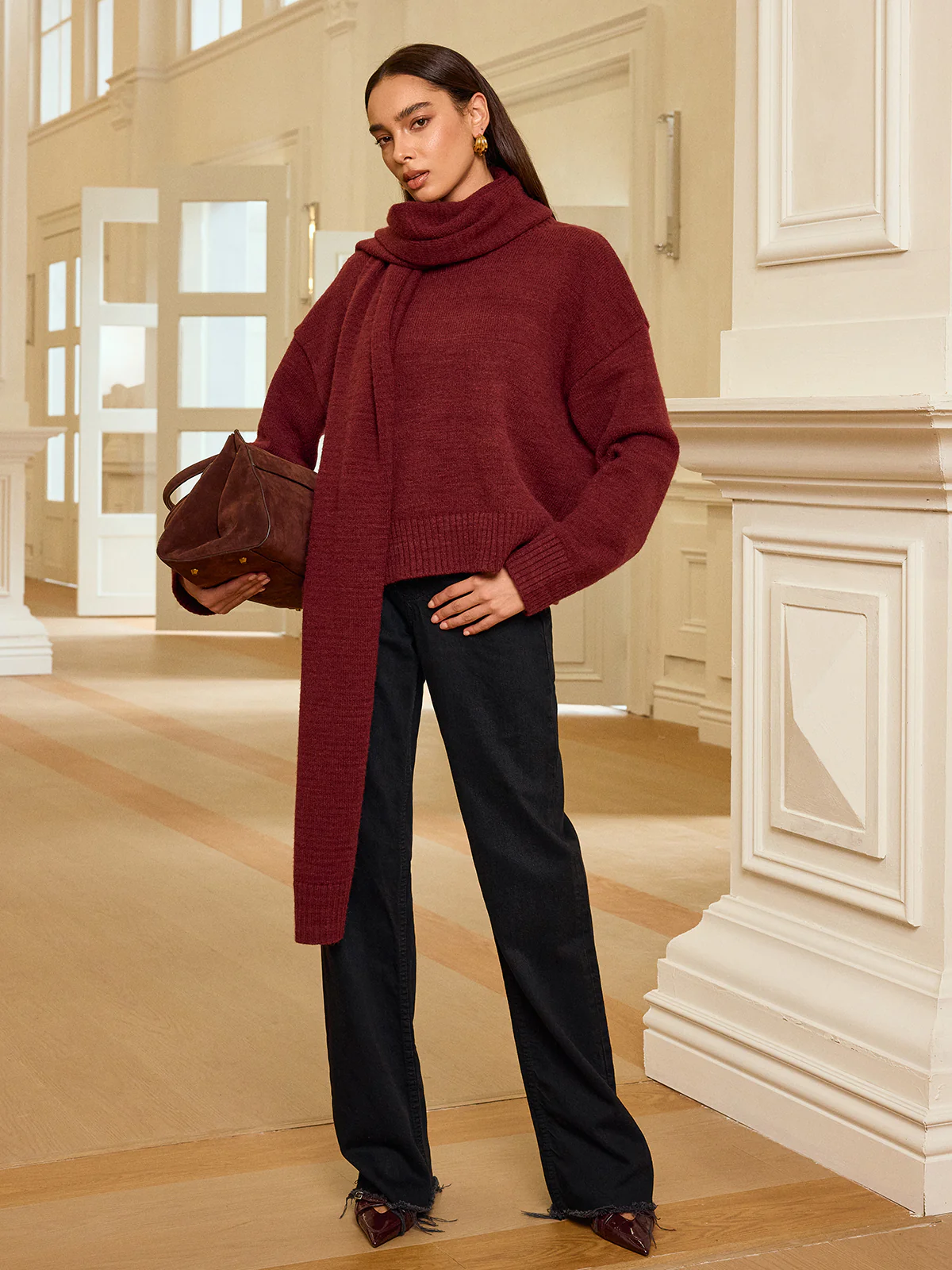 Oversized Knit Sweater with Scarf - Image 2