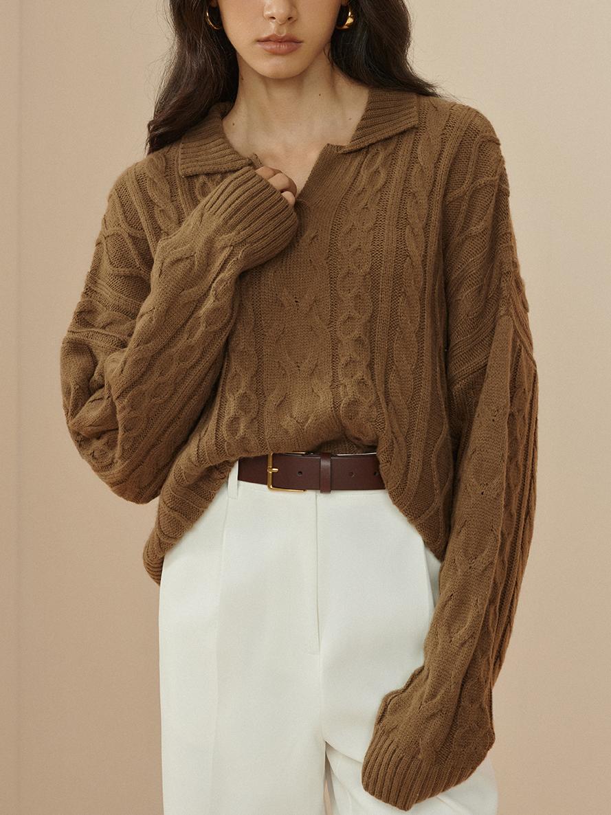 Oversized Lapel Cable Pullover Sweater - Image 3