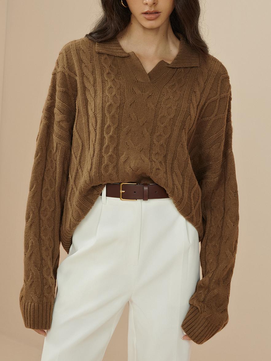 Oversized Lapel Cable Pullover Sweater - Image 4