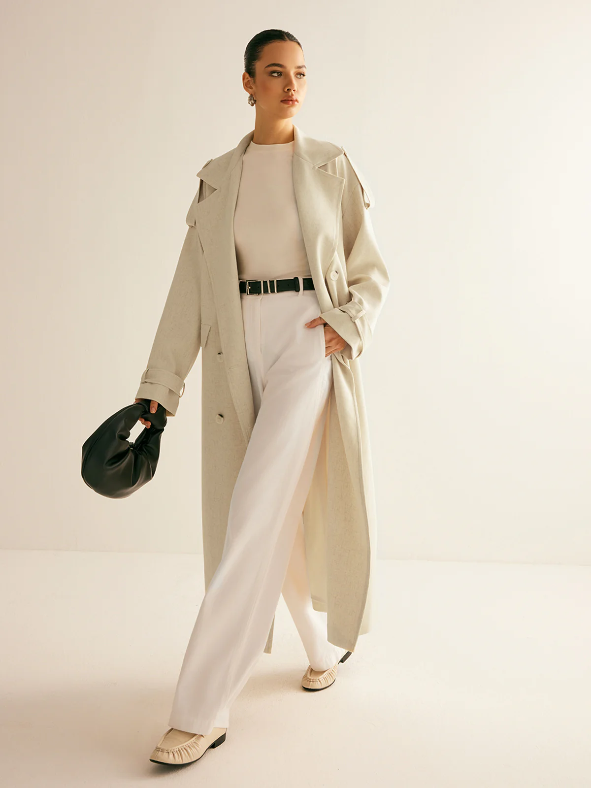 Oversized Lapel Pockets Belted Trench Coat - Image 2