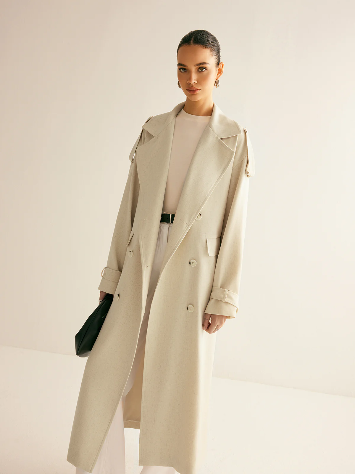 Oversized Lapel Pockets Belted Trench Coat - Image 3