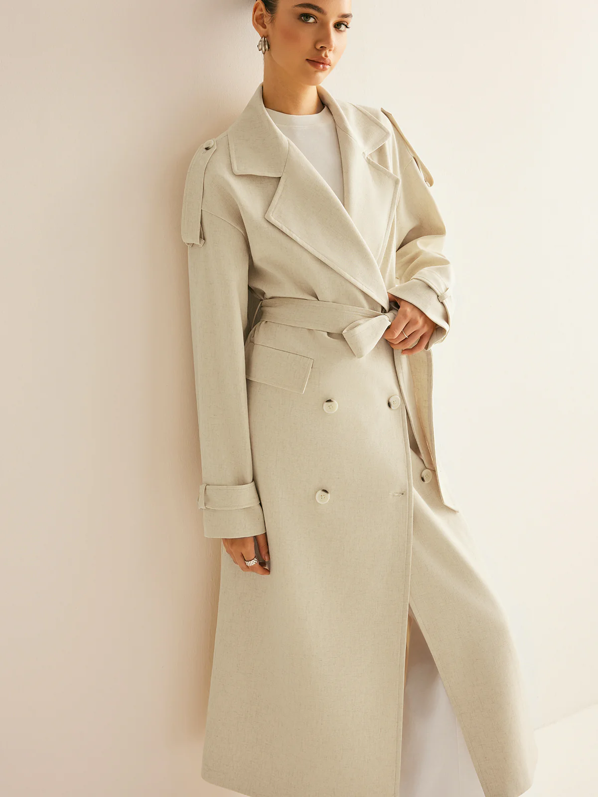 Oversized Lapel Pockets Belted Trench Coat - Image 6