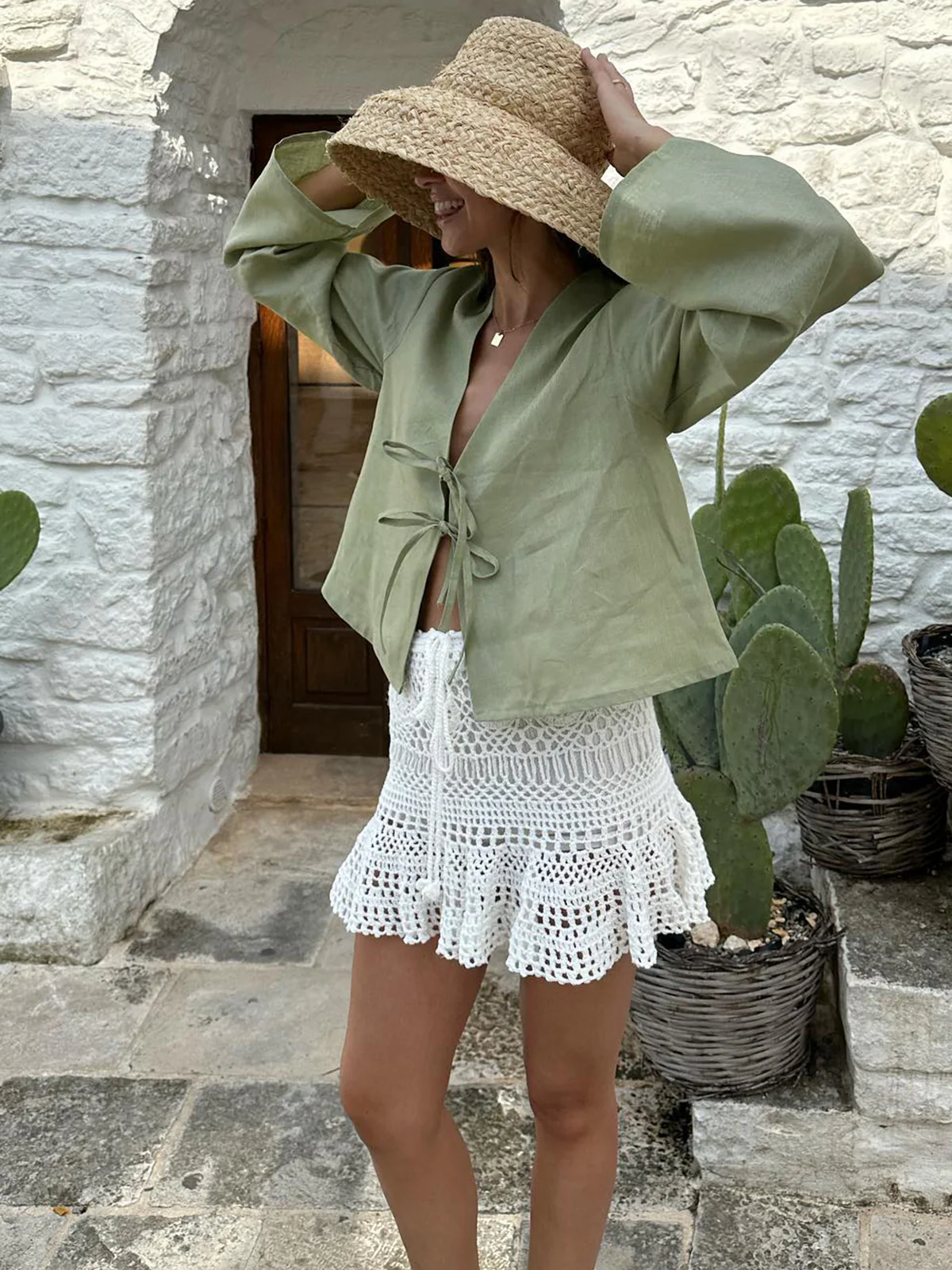 Oversized Long Tie-Front Sleeve Blouse - Image 3