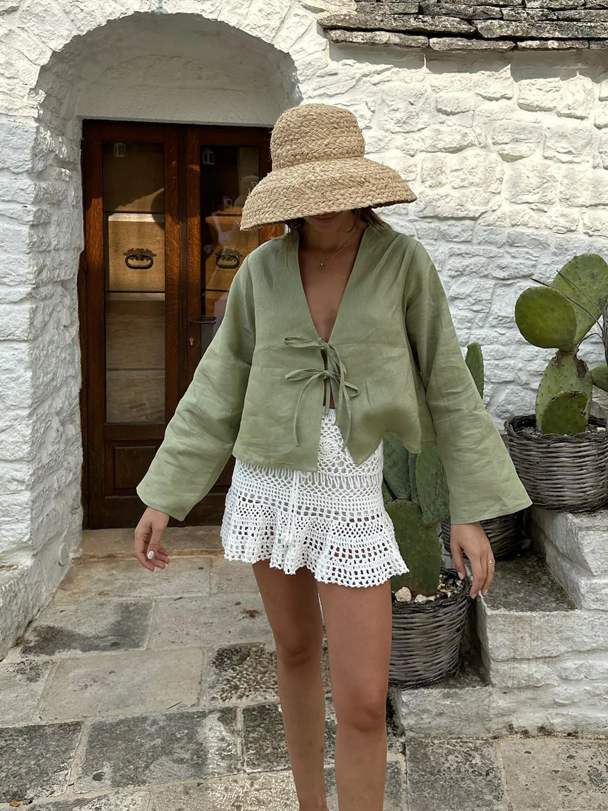 Oversized Long Tie-Front Sleeve Blouse - Image 4