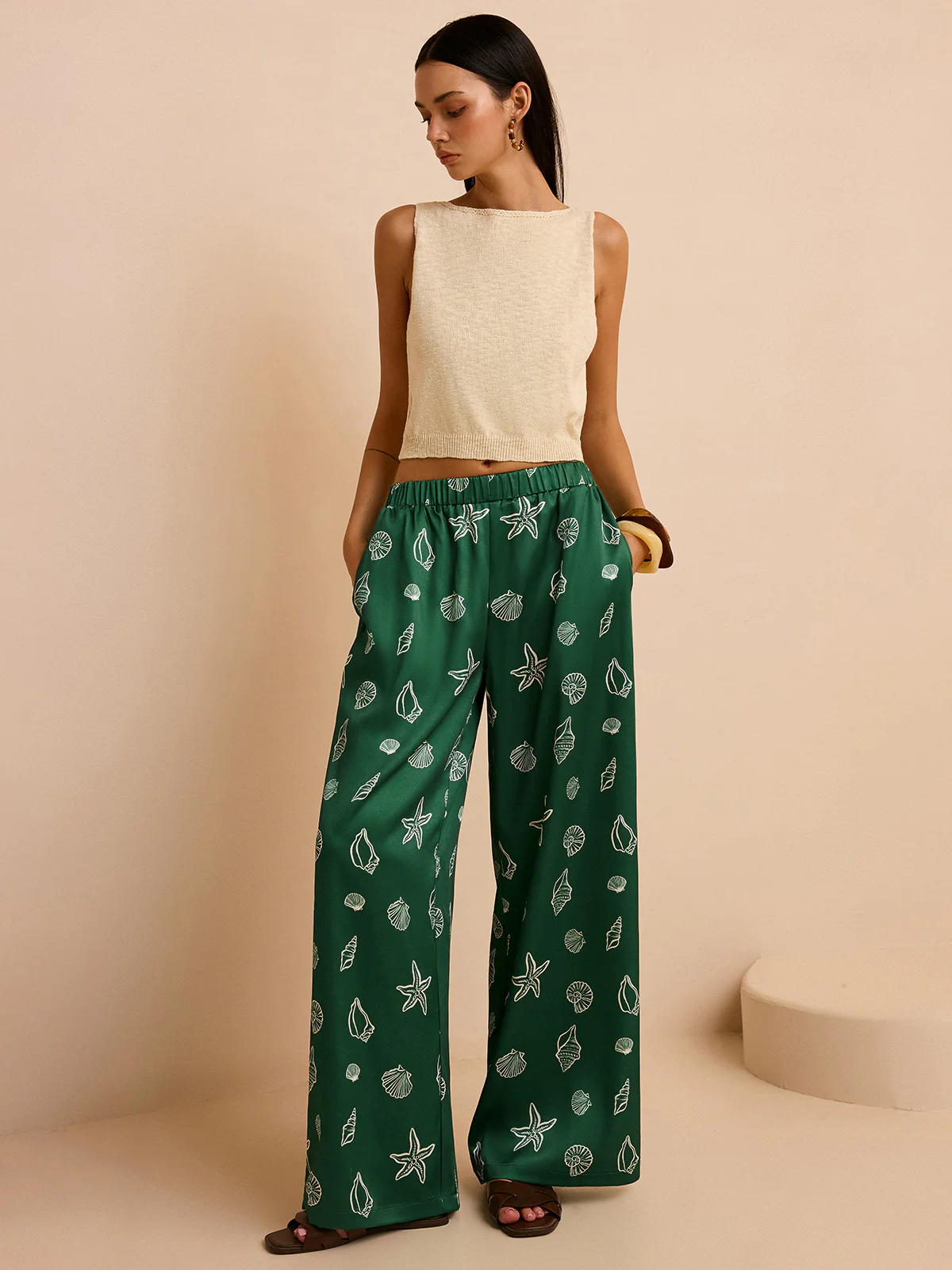Oversized Mid-Waist Pants with Seashell and Starfish Prints - Image 2