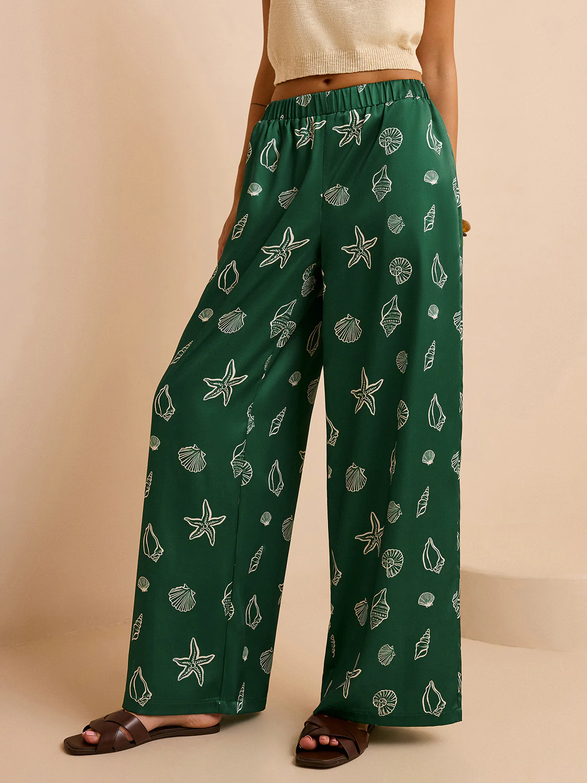 Oversized Mid-Waist Pants with Seashell and Starfish Prints - Image 3