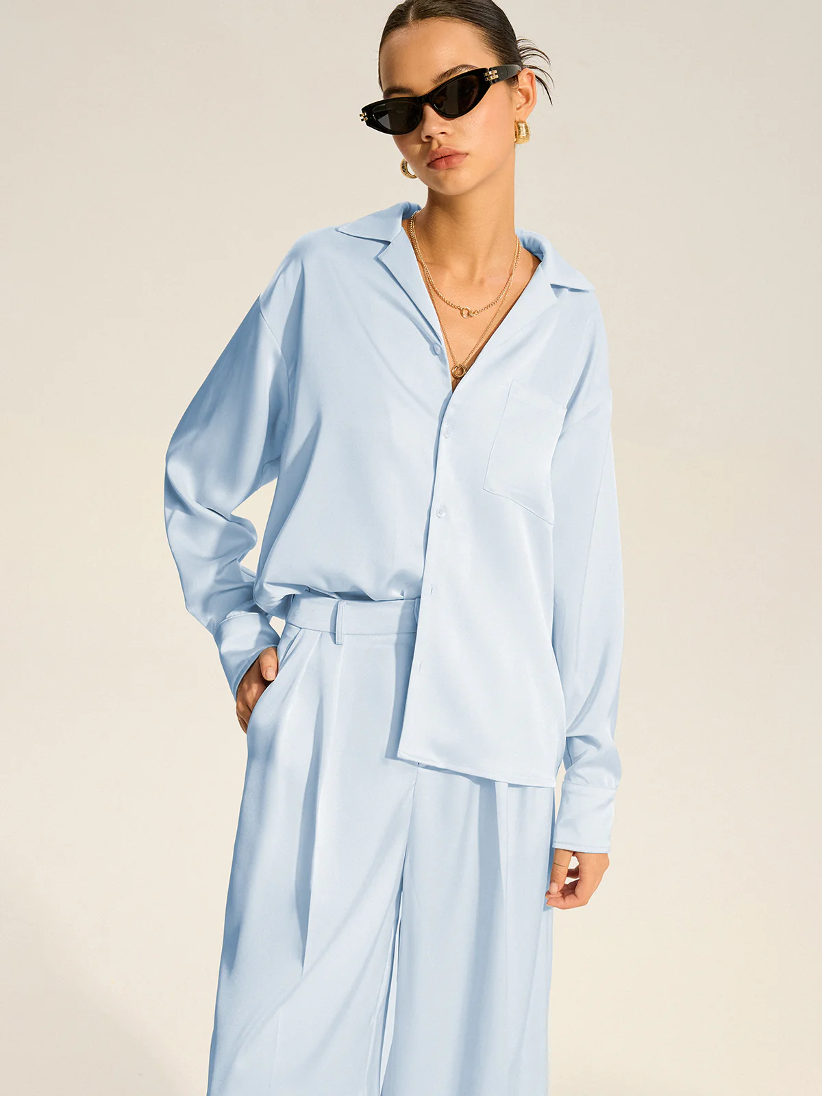 Oversized Pocket Satin Shirt and Pleated Pants Set - Image 4
