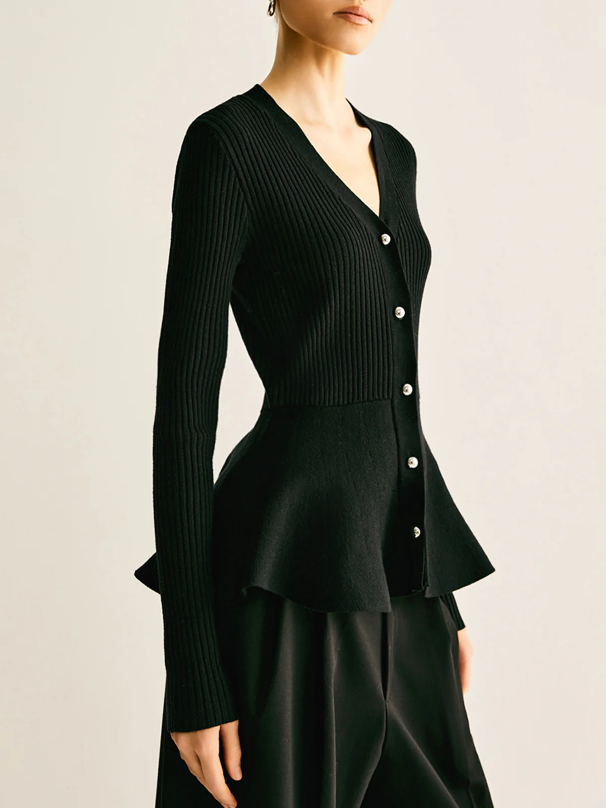 Oversized Ribbed Panel Bud Waist Button Knit Top - Image 2