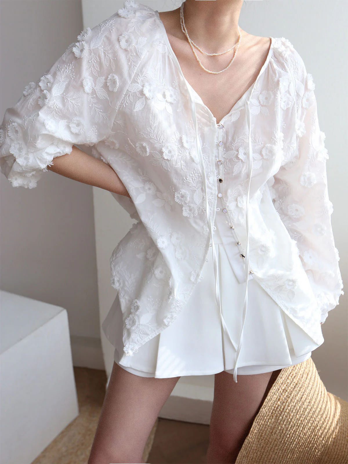 Oversized Semi-Sheer Embroidered Floral Blouse - Image 6