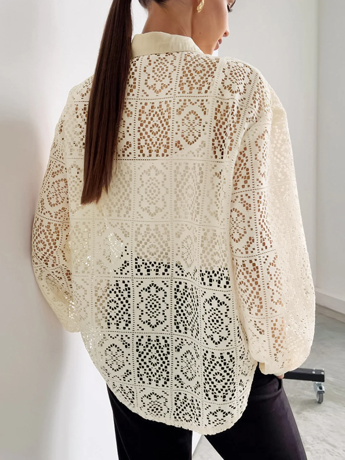 Oversized Semi-Sheer Eyelet Button Down Shirt - Image 2