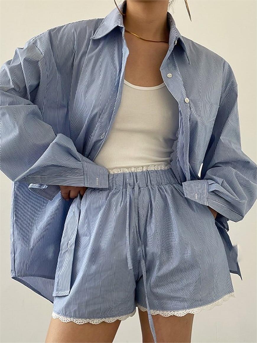 Oversized Stripe Textured Long Sleeve Shorts Set - Image 4
